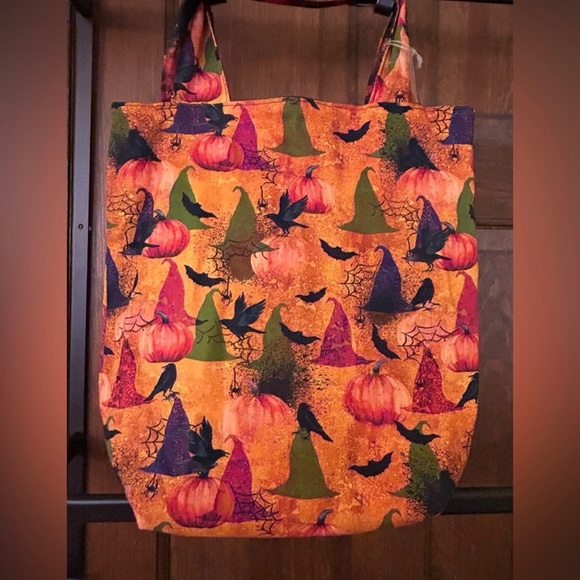 Halloween Themed Handmade Tote Bag Witch Hat, Pumpkins & Crow - Picture 1 of 6